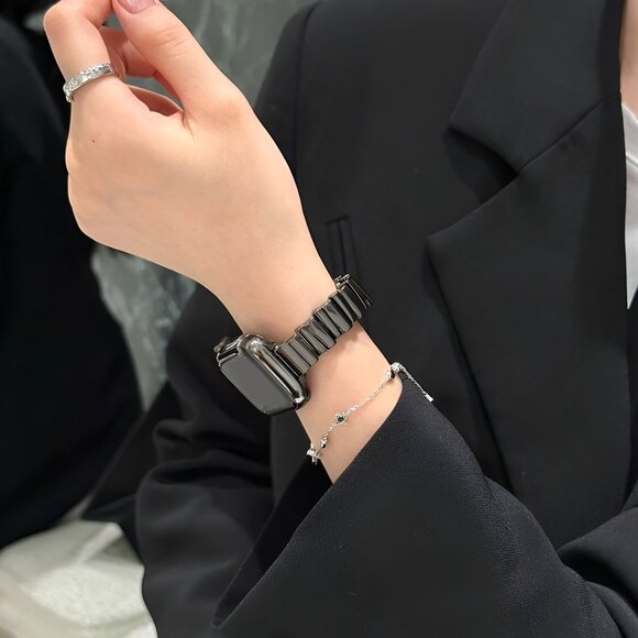 Apple Watch Band Stylish Adjustable Slim Strap Silver Stainless Band - Black - Picture 3 of 4